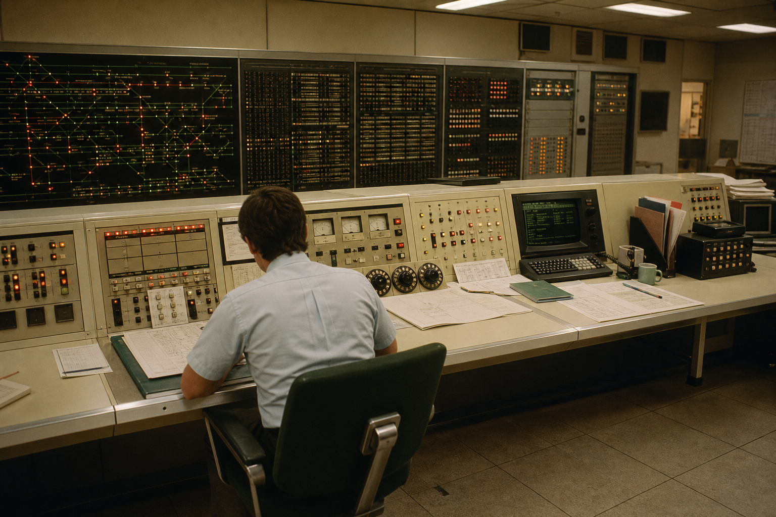 A fictional late-1970s telephone network control room