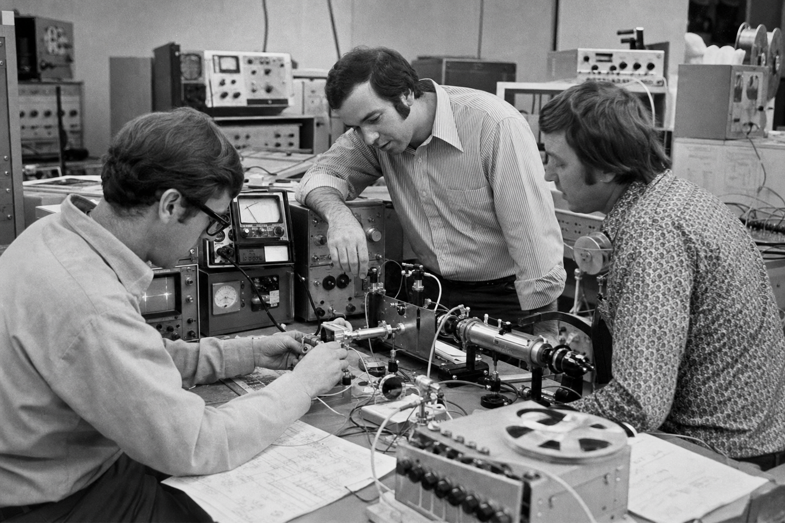 Three fictional 1970s telecommunications engineers working around optical test equipment