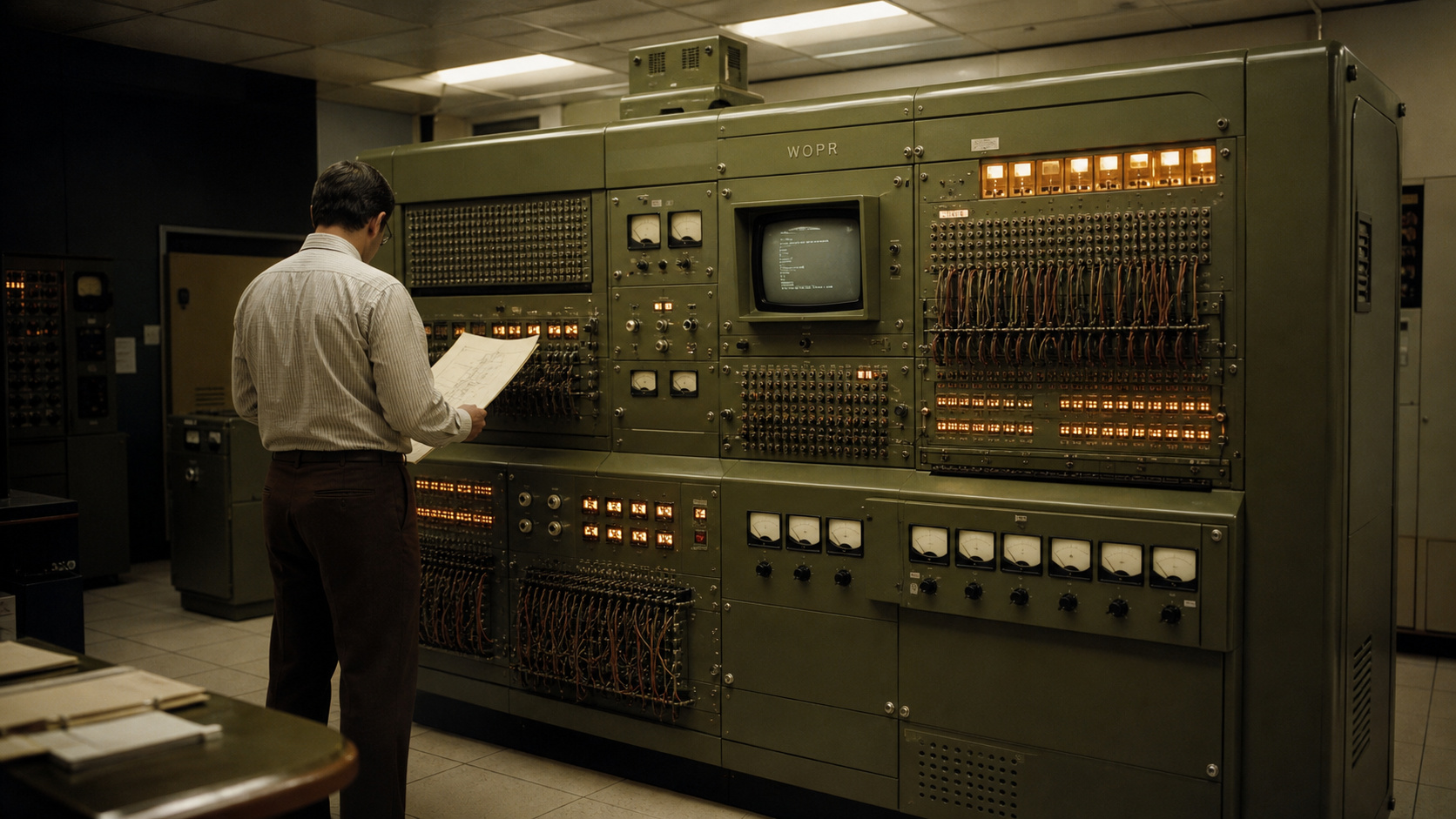A fictional 1970s WOPR telecommunications route computer operated by an engineer